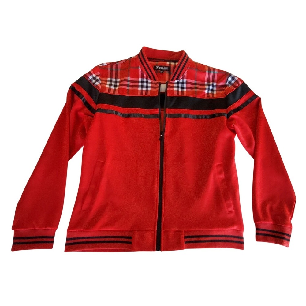 Stacy Adams Track Jacket Mens Large Red Black Plaid Full Zip‎ Athletic Striped
